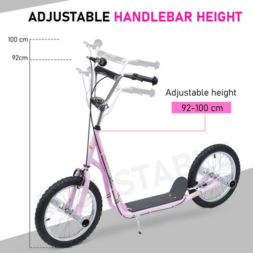 Pink scooter with adjustable handlebar height and black non-slip foot deck