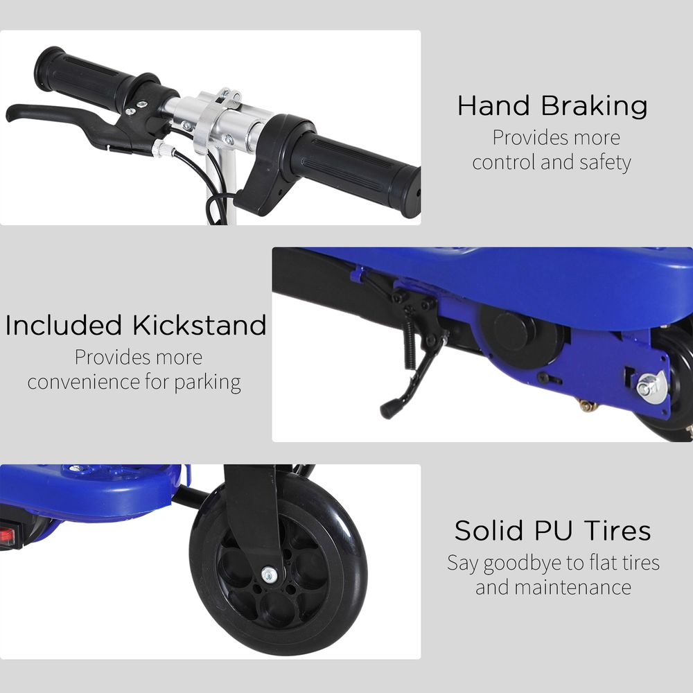 Blue kids electric scooter details: hand brake, kickstand, and solid PU tires