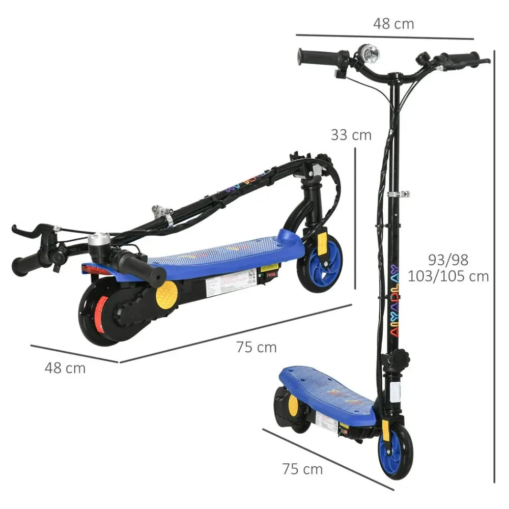 Blue folding electric scooter with front and rear wheels, with size measurements shown