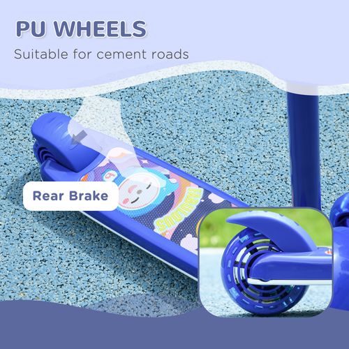 Blue scooter with PU wheels and rear brake on the foot deck