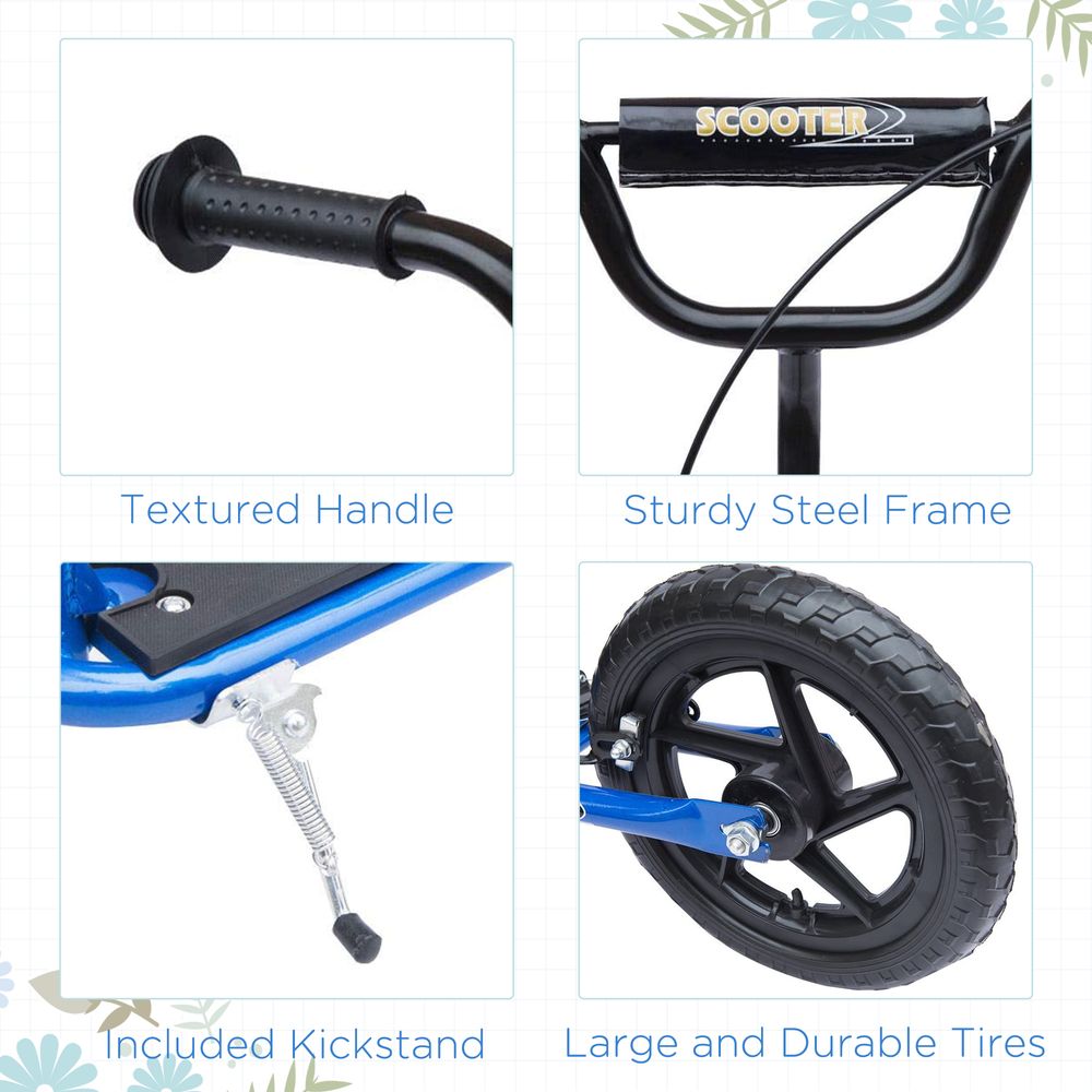 Blue kids scooter with textured handlebar grips, steel frame, and durable tires