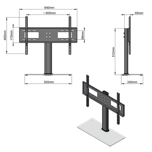 TV mount bracket with dimensions diagram and side view, black metal