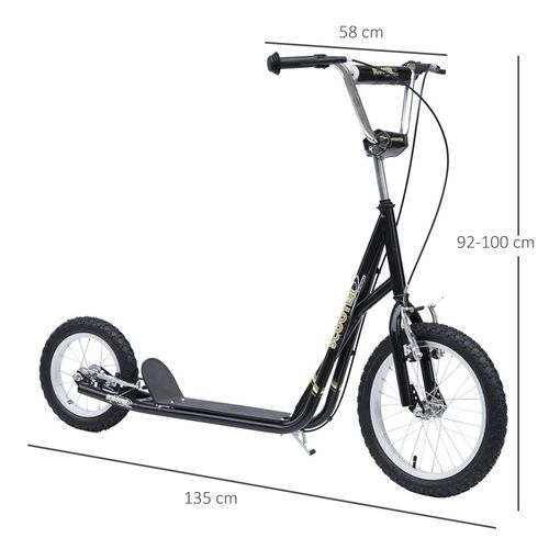 Adjustable-height kick scooter in black with chrome handlebars, front and rear wheels