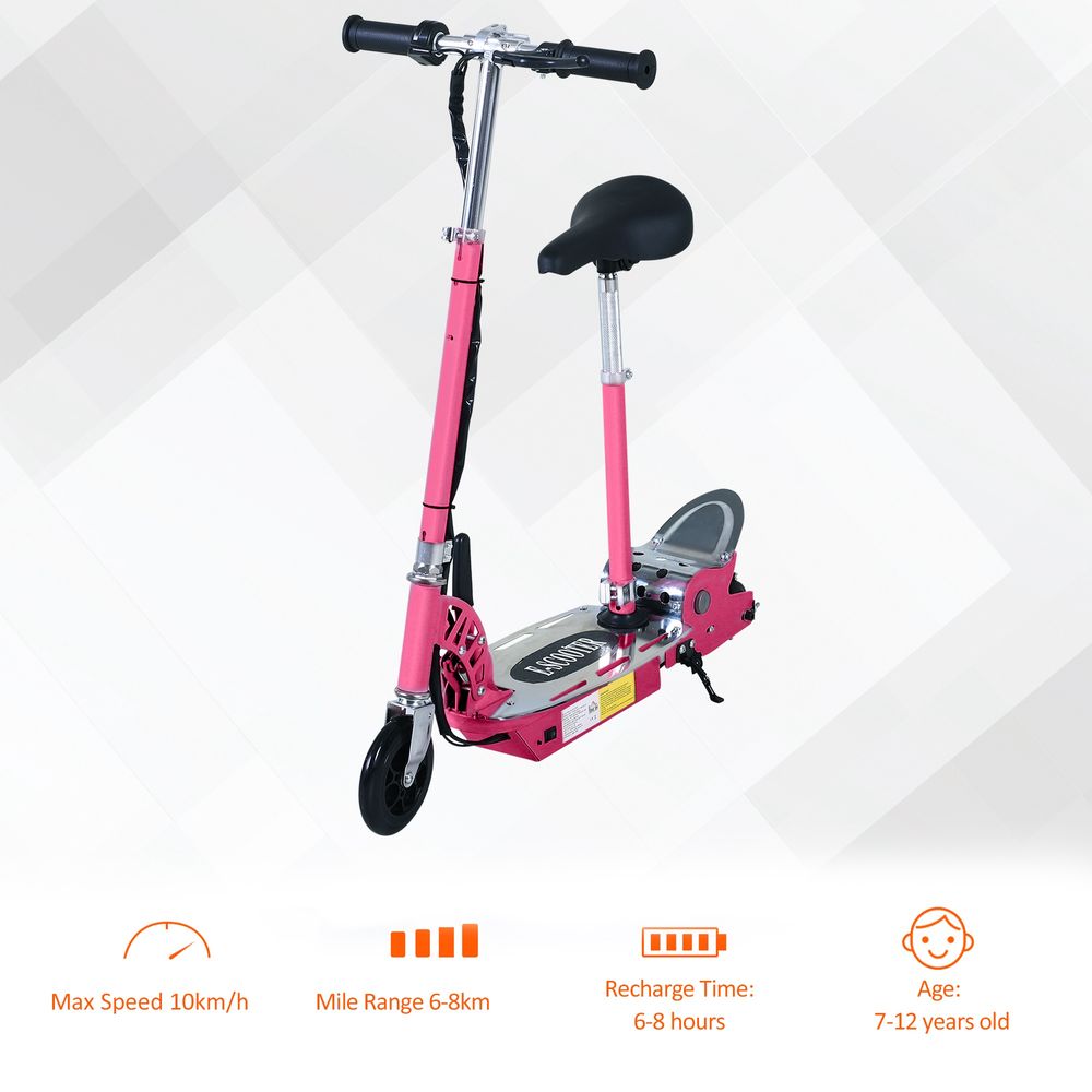 Pink electric scooter with black seat, handlebars, and footboard, angled full view
