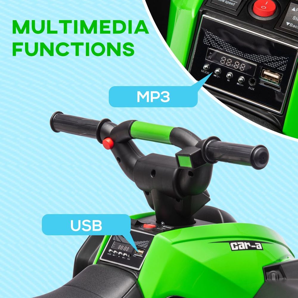 Green electric quad bike dashboard with handlebar controls and MP3/USB ports