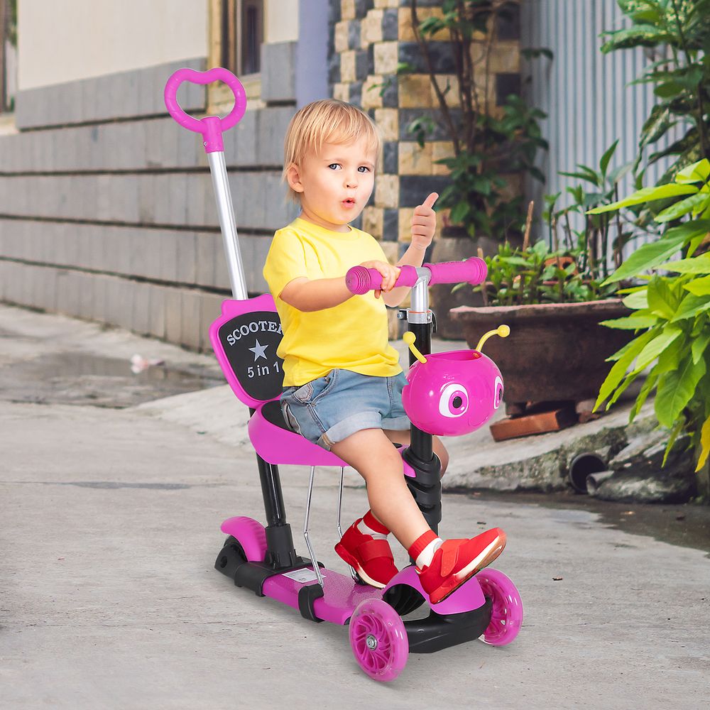 Pink kids kick scooter with three wheels and height-adjustable handle