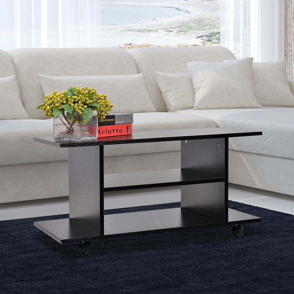 Black rolling TV stand with two open shelves beneath, rectangular tabletop