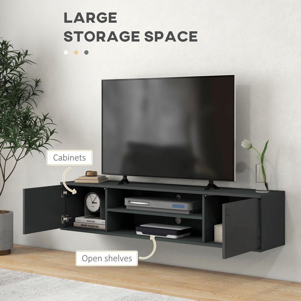 Floating TV console with open shelves, side cabinets, and central media space