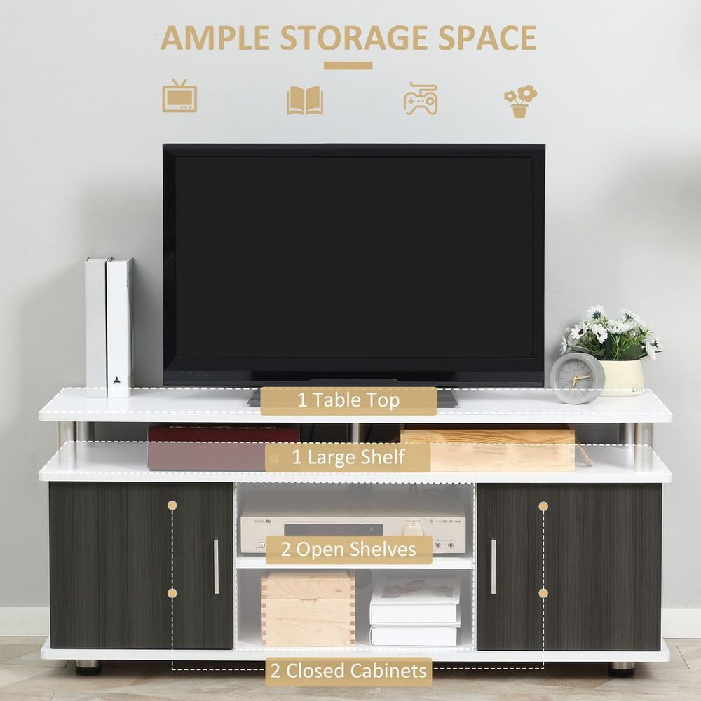 Grey and white TV stand with table top, open shelves, and closed cabinet storage