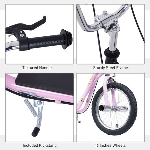 Pink scooter close-up: textured handle grips, sturdy steel frame, 16-inch wheels