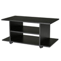 Black TV stand with open shelves and two-tier storage, on casters