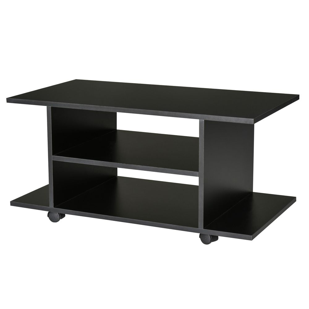 Black TV stand with open shelves and two-tier storage, on casters