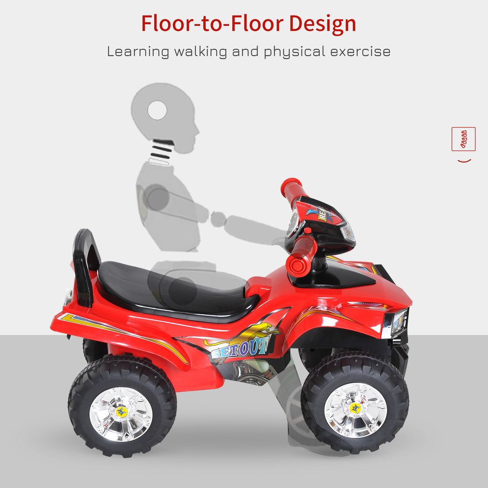 Red kids ride-on quad bike with black seat and four wide tires