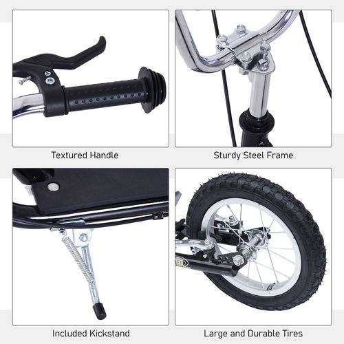Kick scooter details: textured handle grips, sturdy steel frame, kickstand, durable tires