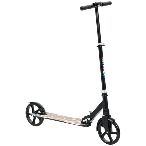 Kids foldable kick scooter with black frame and colorful graphic deck