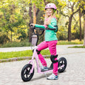 Kids kick scooter with pink deck, black handlebar and wheels, rear brake.