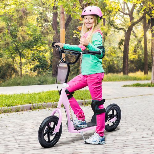 Kids kick scooter with pink deck, black handlebar and wheels, rear brake.