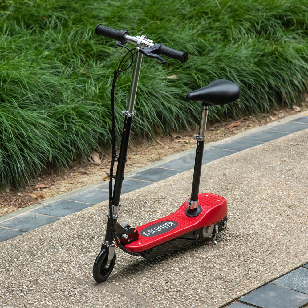 Kids electric scooter with red deck, black seat, and front wheel