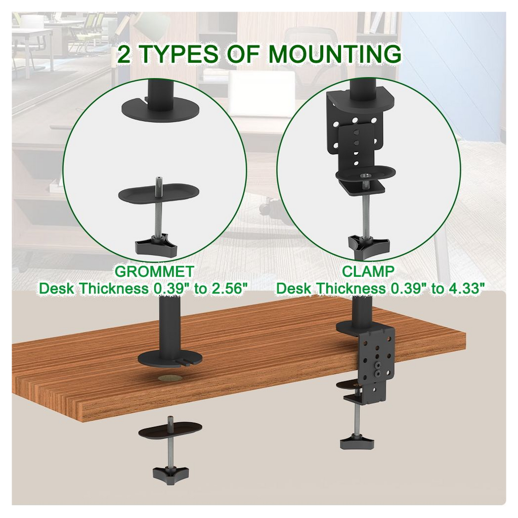 Dual monitor mount with grommet and clamp installation options, black stand