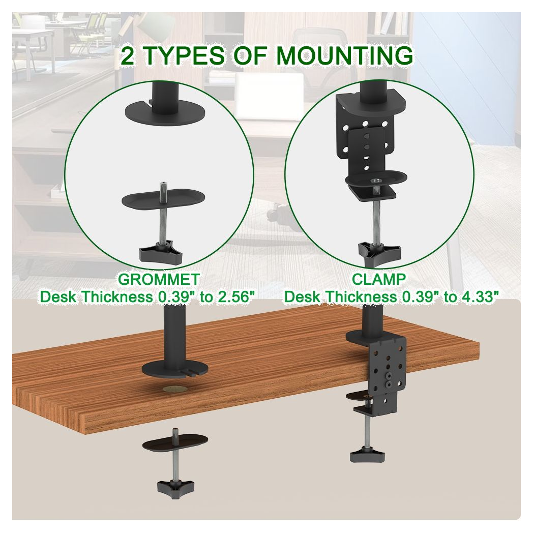 Dual monitor mount with grommet and clamp installation options, black stand