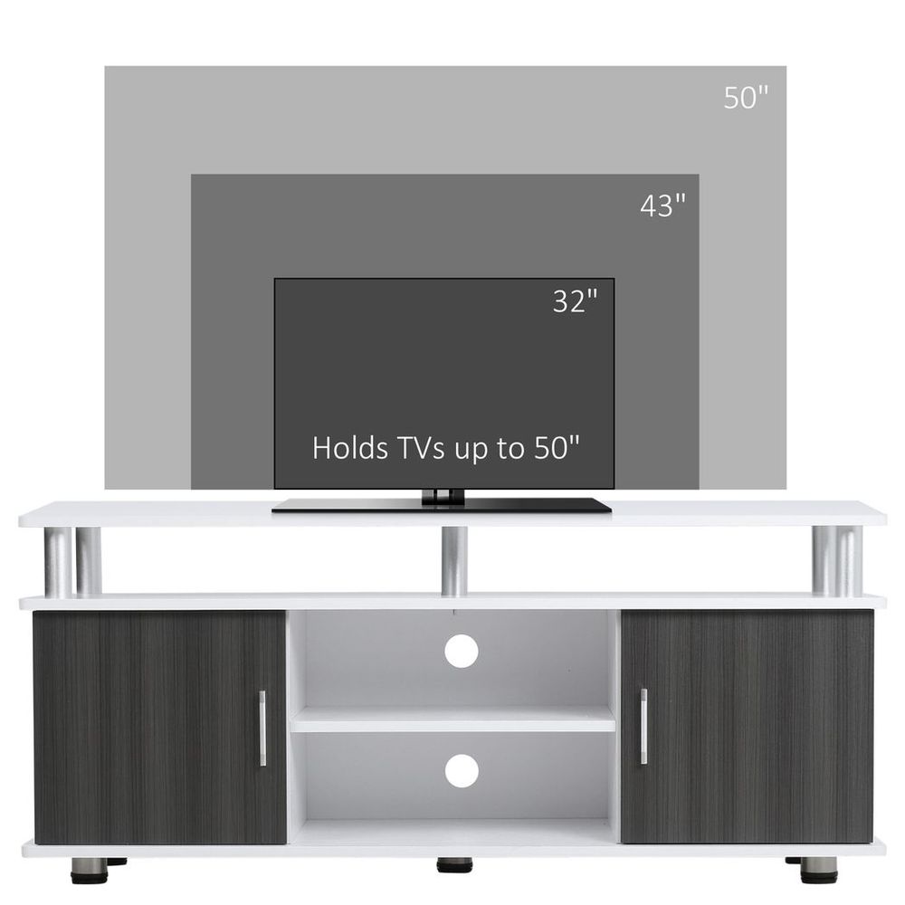 Grey and white TV console with two doors, two drawers, and central open shelves