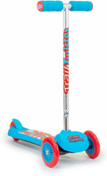 Kids' three-wheel trail twist scooter with blue grips, blue deck, and red-orange wheels