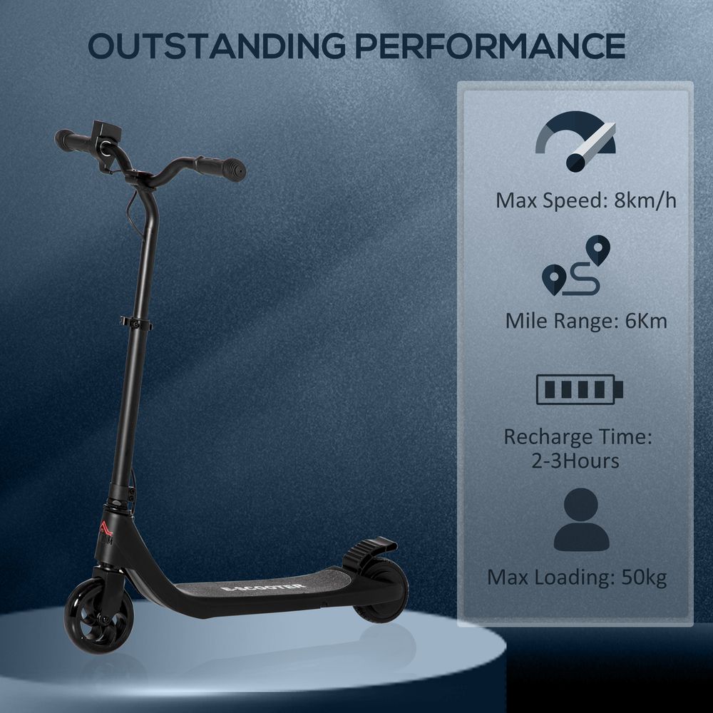 Black electric scooter with performance info overlay showing speed, range, recharge time, and load