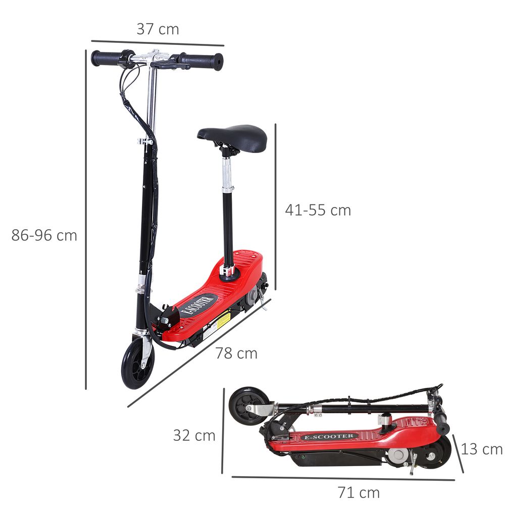 Kids electric scooter with red deck and black seat, height and length dimension diagram