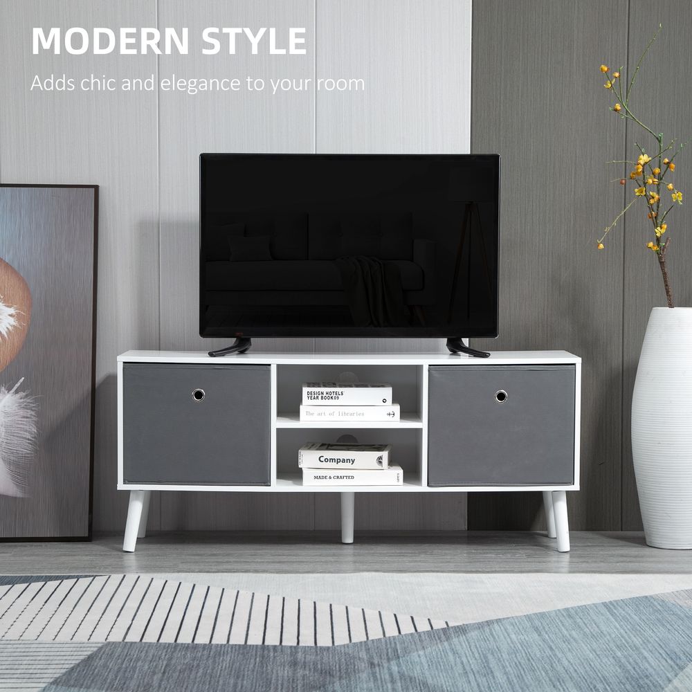 TV media cabinet with white frame, gray side drawers, and open center storage for media