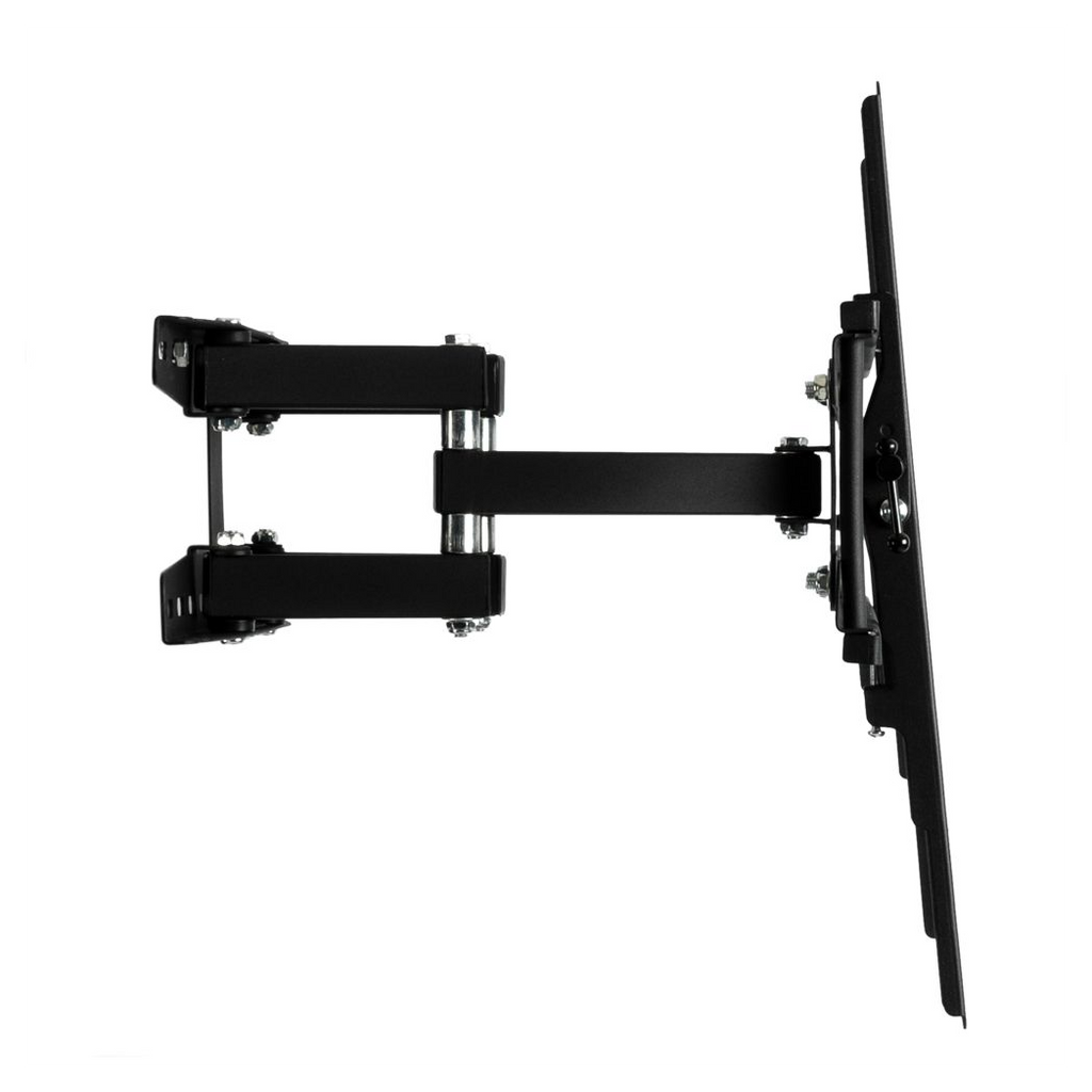 Black full motion TV wall mount extended outward with side bracket and hardware