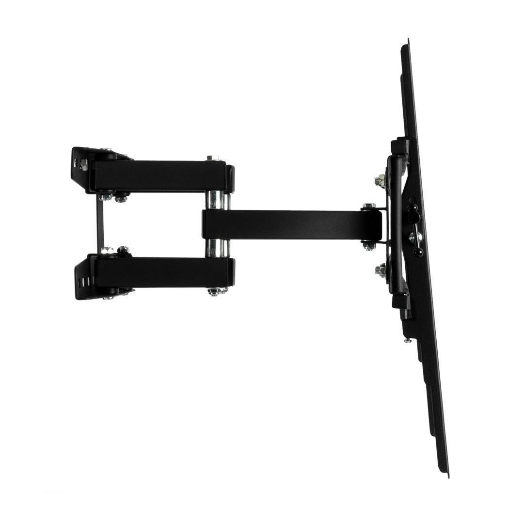Black full motion TV wall mount extended outward with side bracket and hardware