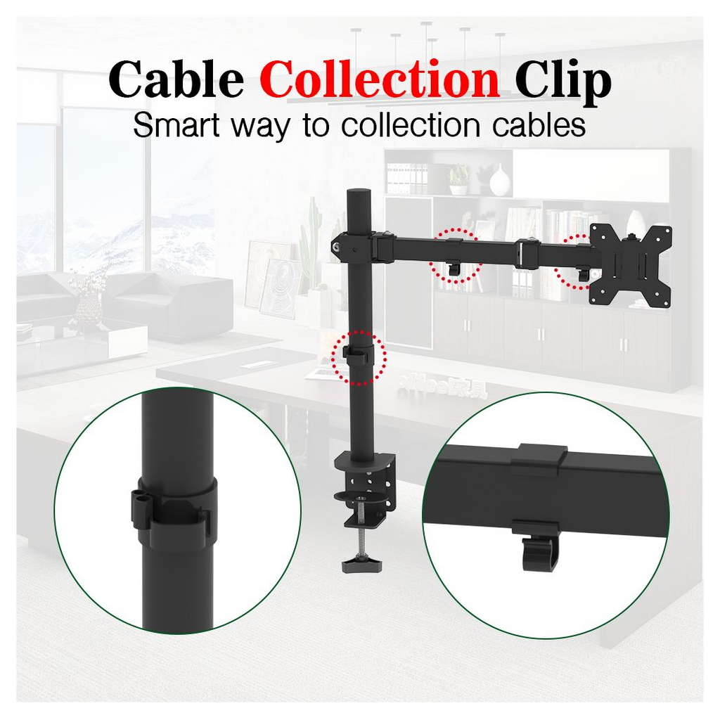 Black desktop TV stand with cable collection clip on articulating arm