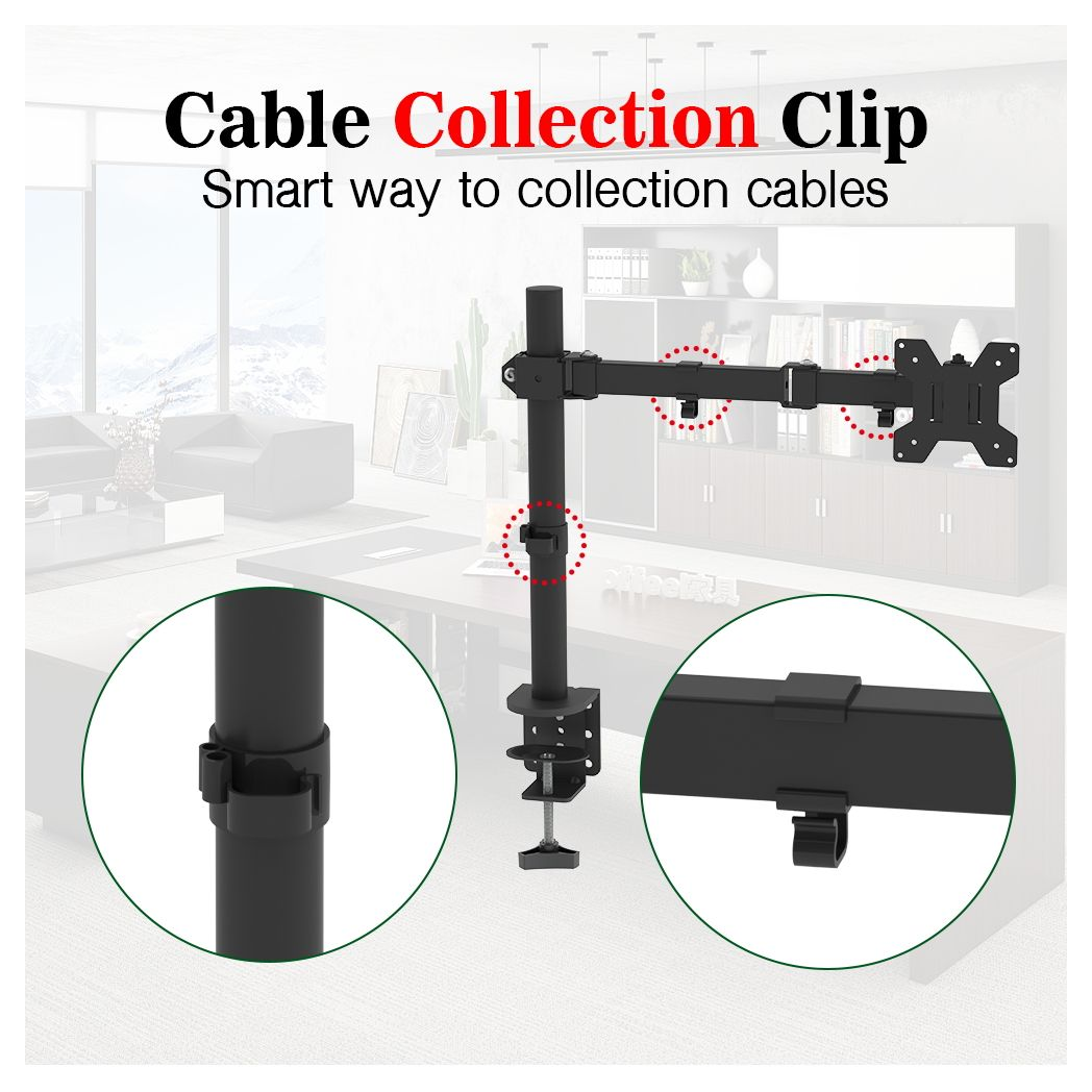 Black desktop TV stand with cable collection clip on articulating arm