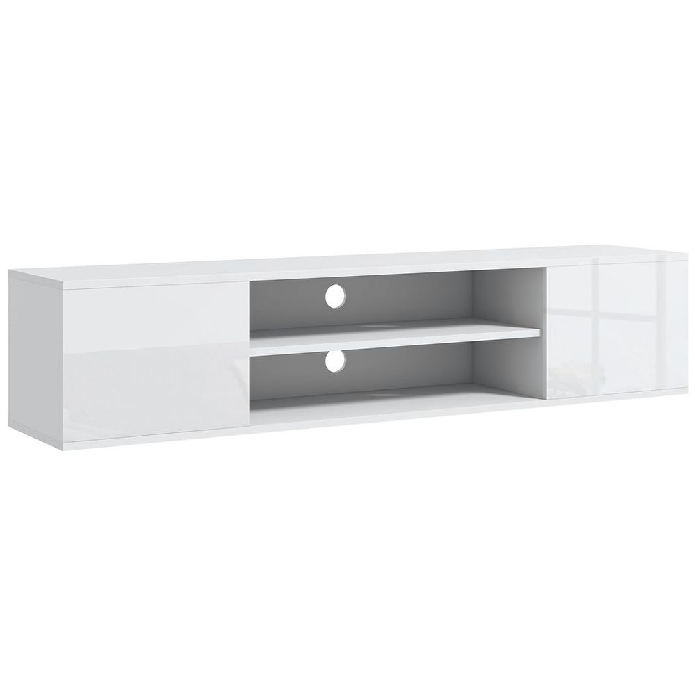 White floating TV console with two open shelves and side cabinet doors