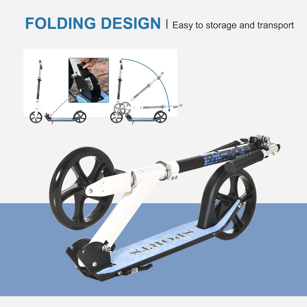 Foldable kick scooter with white deck, black footrest, and blue patterned stem.