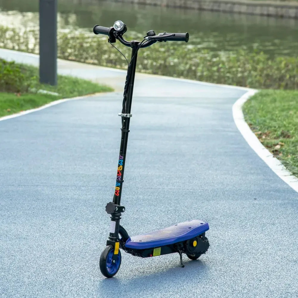 Blue folding electric scooter for ages 7–14 with LED headlight and front wheel