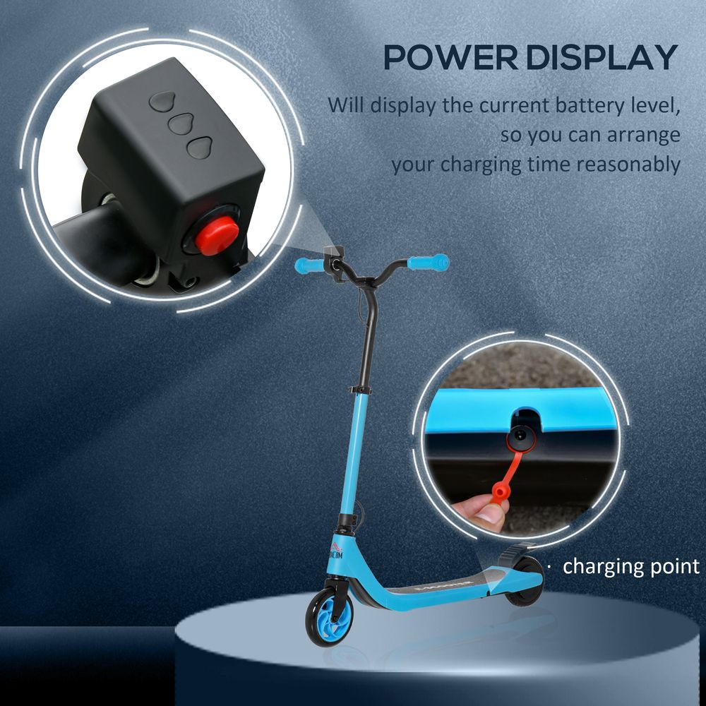 Blue electric scooter showing power display on the handle and charging point