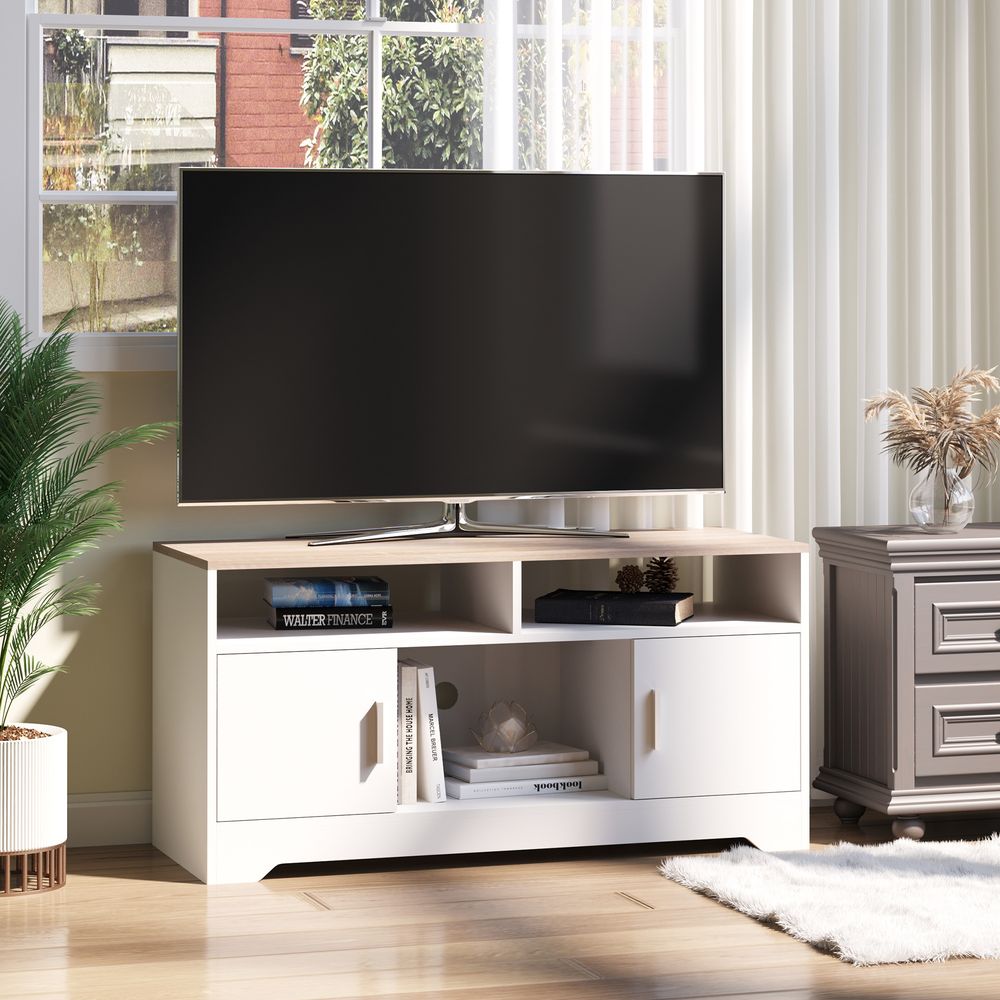 White TV stand console with open shelves and enclosed cabinets for media storage