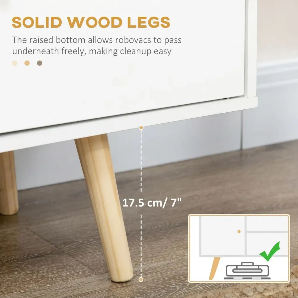White TV stand with solid wood legs and clearance space under the cabinet for airflow.