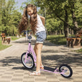 Pink teen kick scooter with dual brakes, rubber wheels, and kickstand