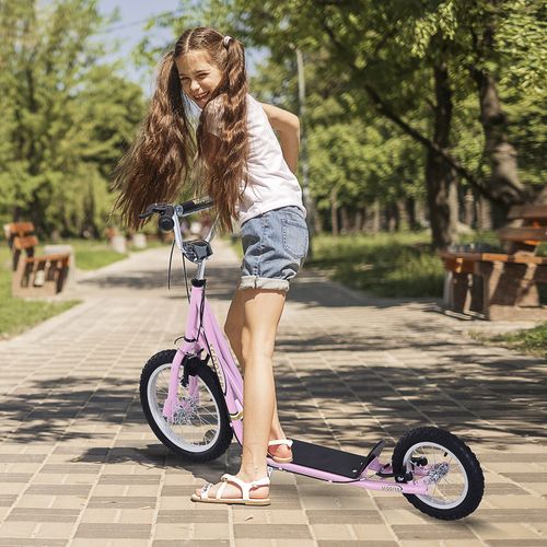 Pink teen kick scooter with dual brakes, rubber wheels, and kickstand