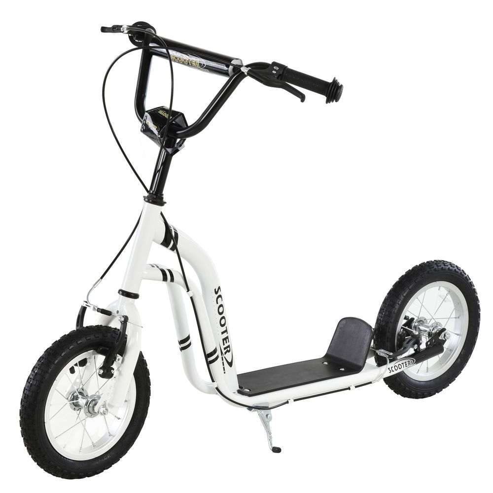 White stunt kick scooter with black handlebar, black deck seat, and 12-inch rubber tires