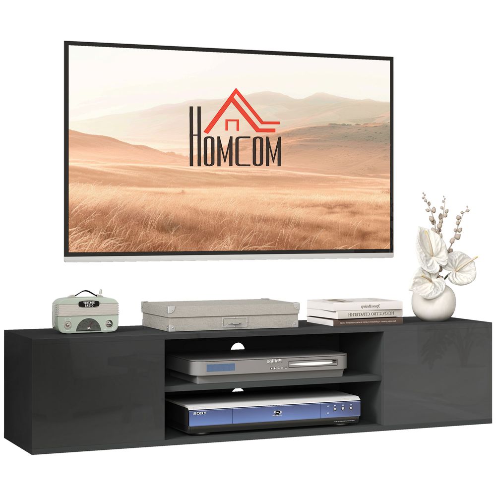 Grey floating TV console with open shelf bays for media players and devices