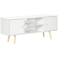 White TV stand cabinet with two doors and center open shelves, gold-tone wood legs.
