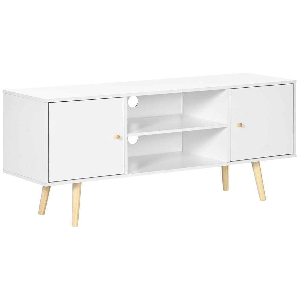 White TV stand cabinet with two doors and center open shelves, gold-tone wood legs.