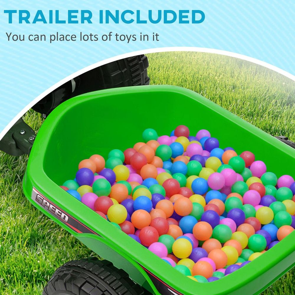 Green back trailer bin filled with colorful plastic balls for a kids electric quad bike
