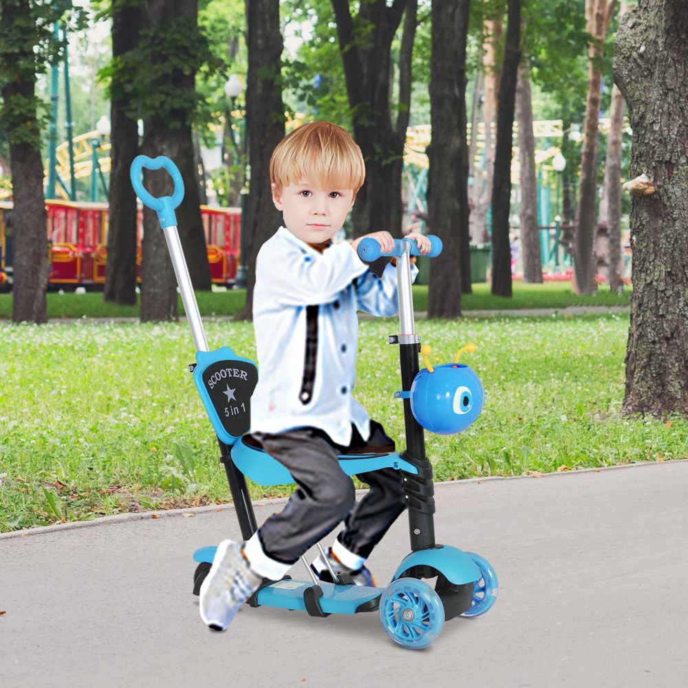 Child riding a blue 3-wheel kick scooter with seat and push handle