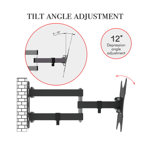 TV wall mount bracket showing tilt adjustment range up to 12°