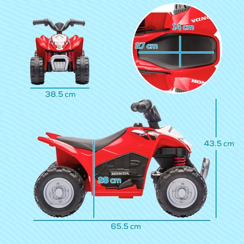 Red kids electric quad bike shown with front, side, and rear views
