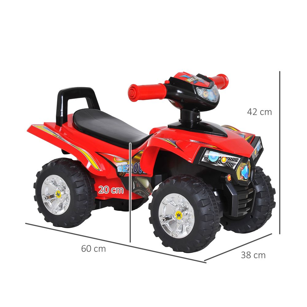Red kids ride-on quad bike with black seat and four large off-road tires